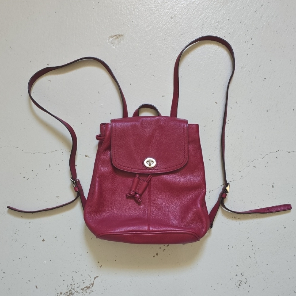 Coach Red Pebbled Leather Silver Turnlock Drawstring Backpack